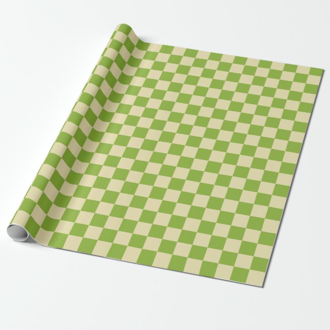 Retro Aesthetic Chequerboard Pattern Green White Wrapping Paper (Unrolled)