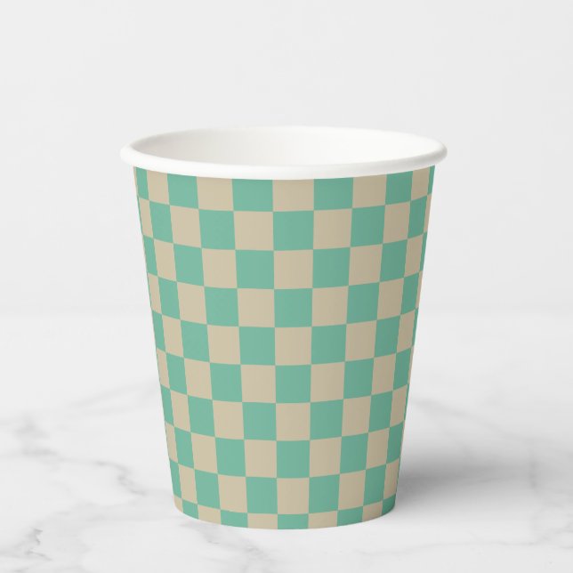 Retro Aesthetic Chequerboard Pattern Mint and Sand Paper Cups (Front)