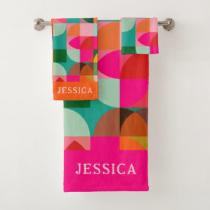 Retro Aesthetic Colorful Geometric Pattern Name Bath Towel Set