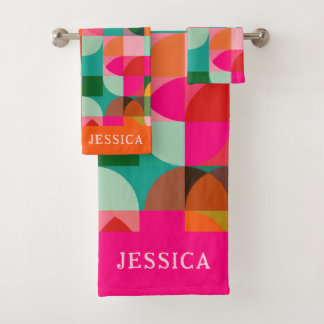Retro Aesthetic Colourful Geometric Pattern Name Bath Towel Set