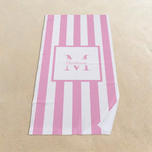 Retro Aesthetic Pink White Personalised Monogram  Beach Towel