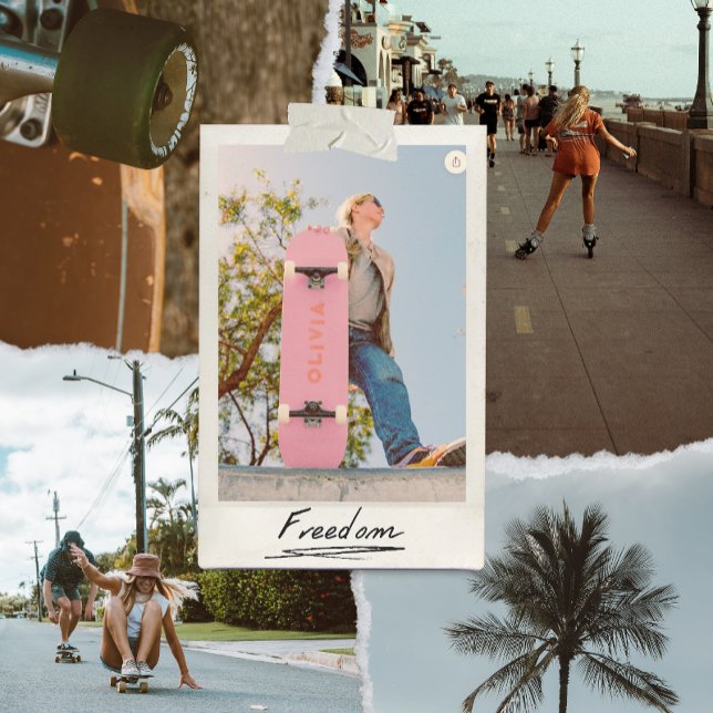 retro aesthetic trendy pink and red skateboard (vintage retro aesthetic pink skateboard for her personalised with her name in red)