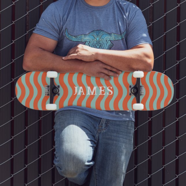 retro aesthetic trippy wavy stripes personalised skateboard (Outdoor 3)