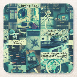 Retro Aesthetic Typewriter Collage Custom Quotes Square Paper Coaster
