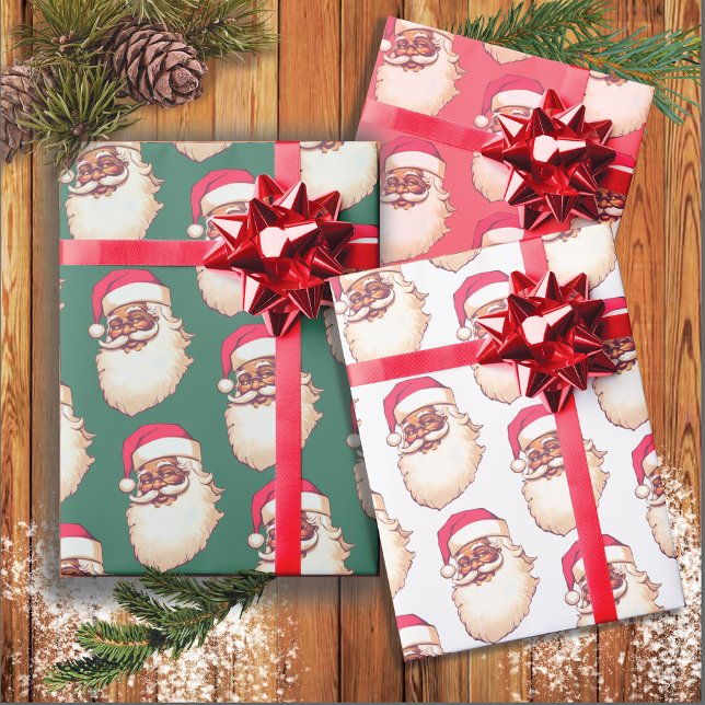 Retro African American Black Santa face Christmas Wrapping Paper Sheet (Creator Uploaded)