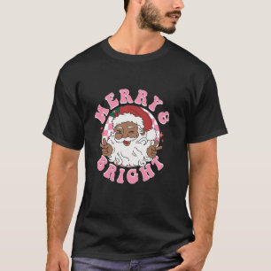 Retro African American Santa Pink Christmas Merry  T-Shirt