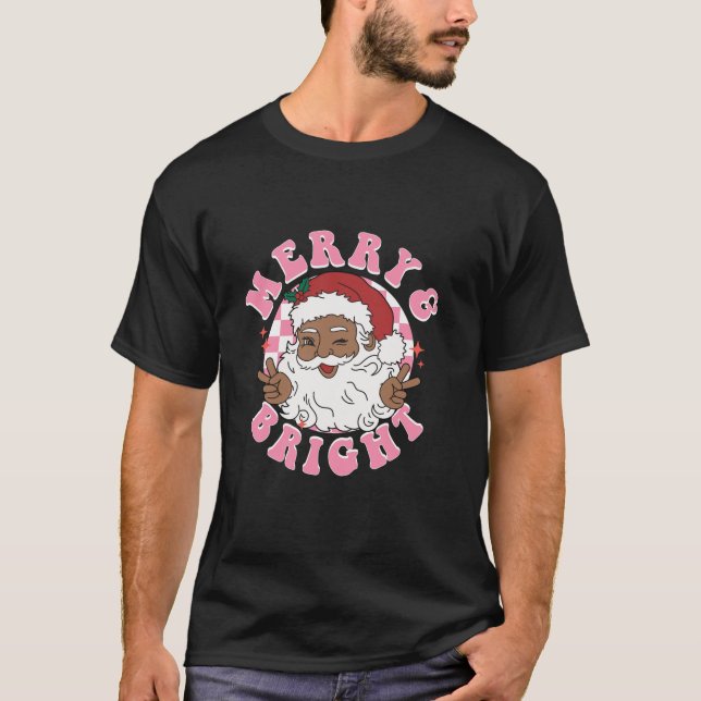Retro African American Santa Pink Christmas Merry  T-Shirt (Front)