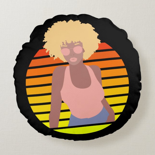 RETRO AFRO QUEEN - AFRO AMERICAN QUEEN ROUND CUSHION (Front)