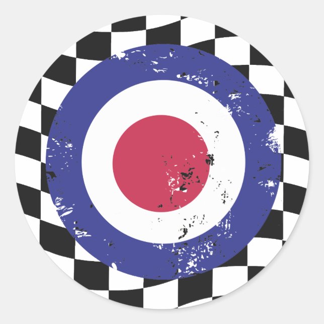 Retro aged mod target on check background classic round sticker (Front)