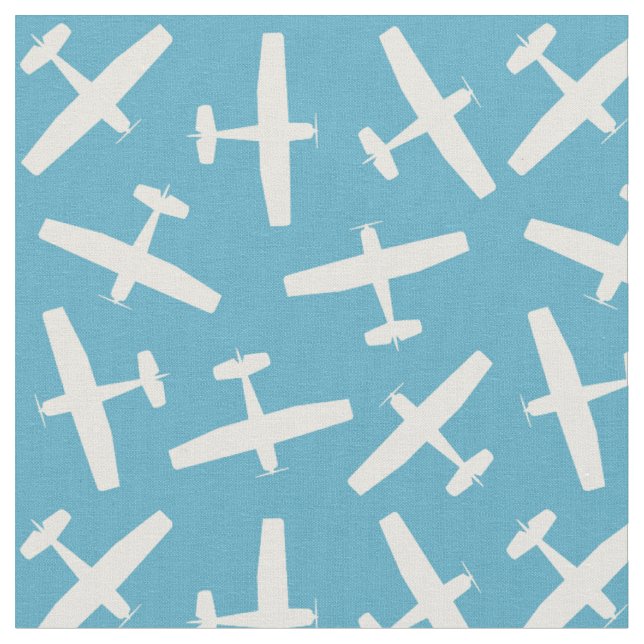 Retro Aircraft Pattern Fabric | Blue & Cream (Close Up)