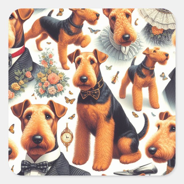 Retro Airedale Terrier Seamless Square Sticker (Front)