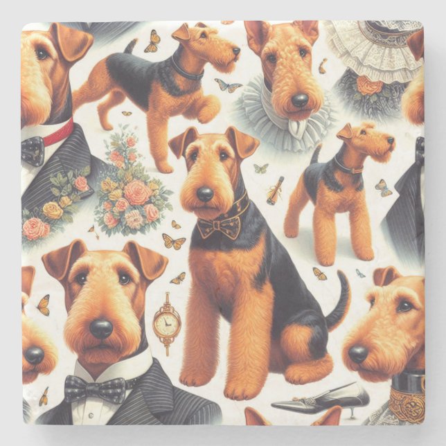 Retro Airedale Terrier Seamless Stone Coaster (Front)