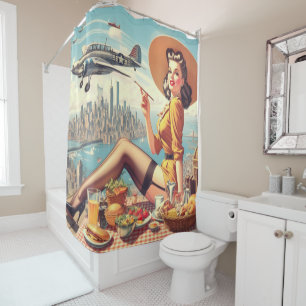 Retro Airplane Pin-up Illustration Shower Curtain