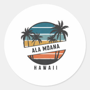 Retro Ala Moana Beach Hawaii Surfboard Surfing Classic Round Sticker
