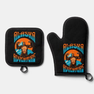 Retro Alaska Sasquatch Mountain Adventure Oven Mitt & Pot Holder Set