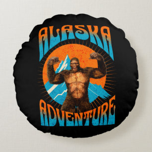 Retro Alaska Sasquatch Mountain Adventure Round Cushion
