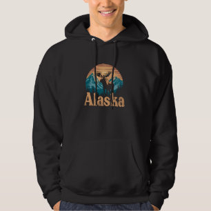 Retro Alaska State Mountains Wildlife & Moose Anim Hoodie