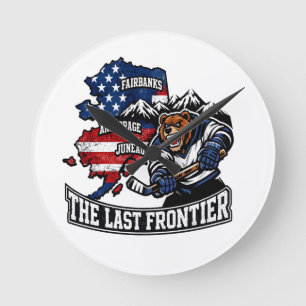 Retro Alaska The Last Frontier Ice Hockey Bear Map Round Clock