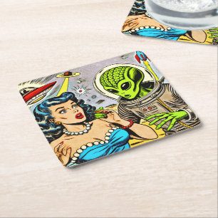 Retro Alien Science Fiction Comics Square Paper Coaster