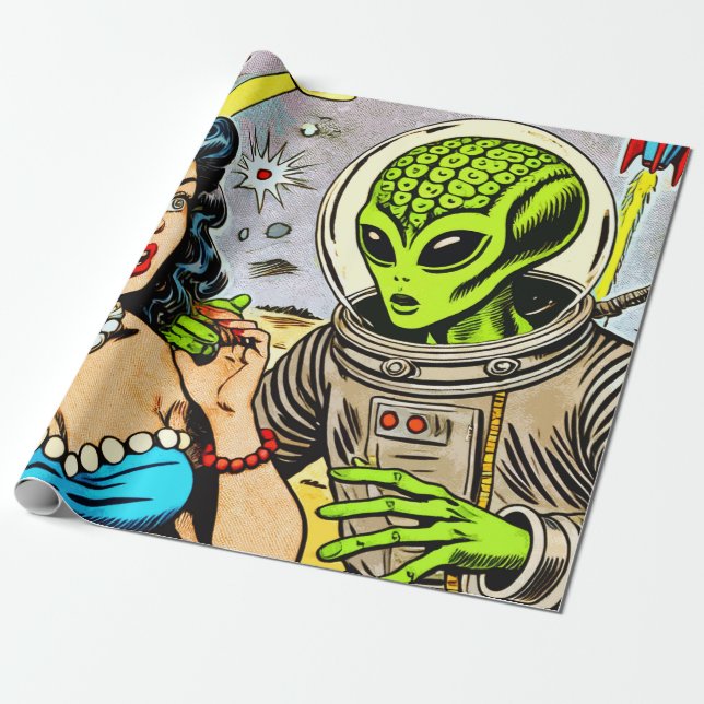 Retro Alien Science Fiction Comics Wrapping Paper (Unrolled)