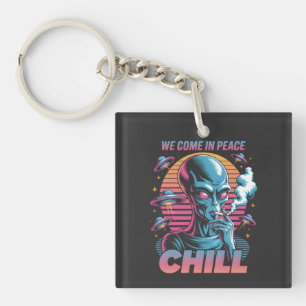 Retro Alien "We Come In Peace CHILL" Design Key Ring