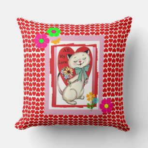 Retro "All My Love" Valentines Kitty Throw Pillow