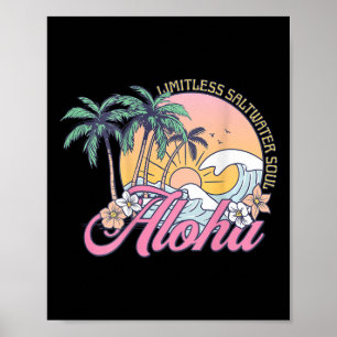 Retro Aloha Sunset Palm Trees Tropical Flowers Sur Poster