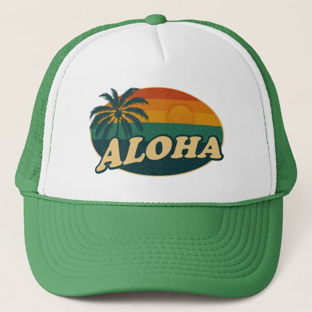 Retro Aloha Sunset – Vintage Island Vibes Trucker Hat (Front)
