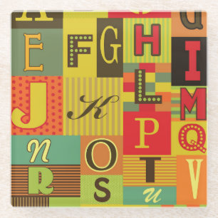 Retro alphabet, vintage charm glass coaster