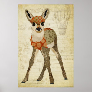 Retro Amber Floral Fawn Art Poster