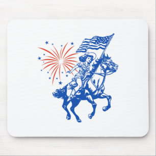 Retro American Cowgirl Horse 4th Of July Usa Flag Mouse Mat