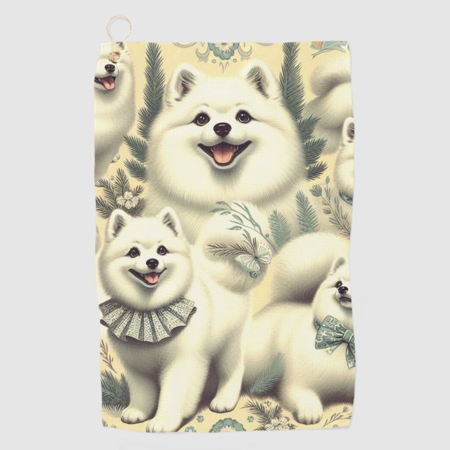 Retro American Eskimo Illustration Golf Towel (Front)