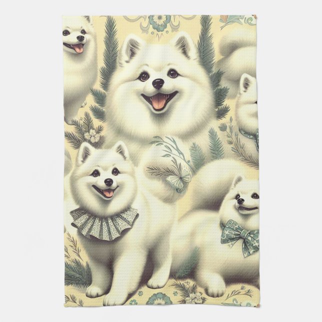 Retro American Eskimo Illustration Tea Towel (Vertical)
