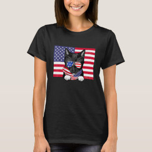 Retro American Flag 4th Of July Tuxedo Cat Dad Mum T-Shirt