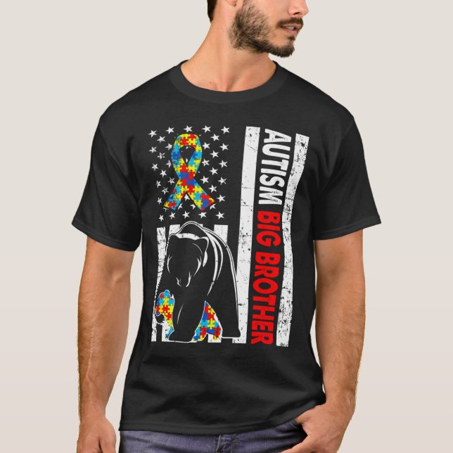 Retro American Flag Autism Big Brother Bear Awaren T-Shirt (Front)