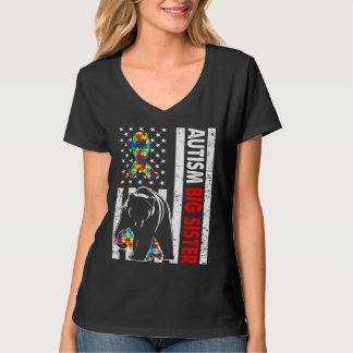 Retro American Flag Autism Big Sister Bear Awarene T-Shirt