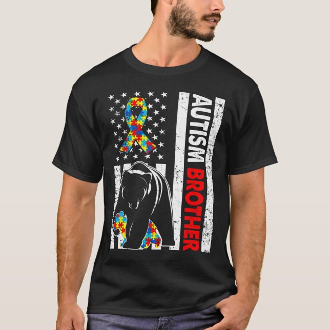 Retro American Flag Autism Brother Bear Awareness  T-Shirt (Front)