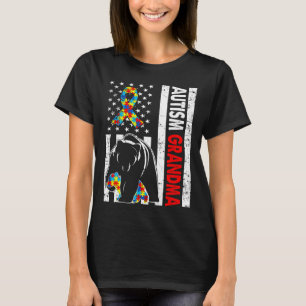 Retro American Flag Autism Grandma Bear Awareness T-Shirt