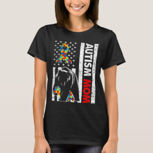 Retro American Flag Autism Mum Bear Awareness Fami T-Shirt