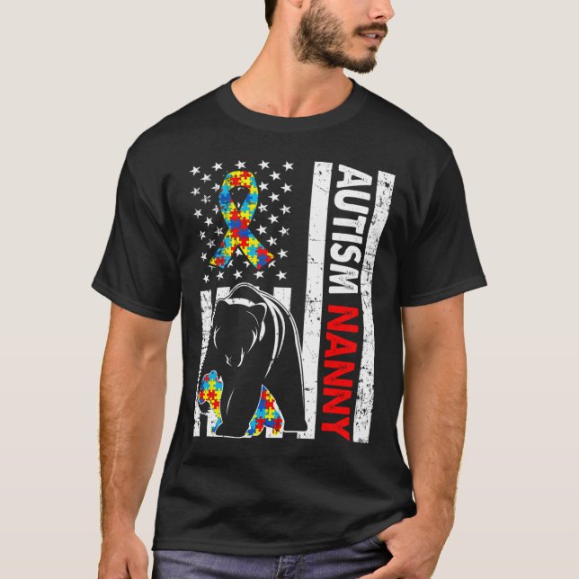 Retro American Flag Autism Nanny Bear Awareness Fa T-Shirt (Front)