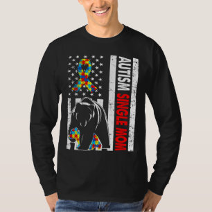 Retro American Flag Autism Single Mum Bear Awarene T-Shirt