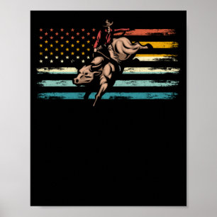 Retro American Flag Bull Riding Western Cowboy Poster