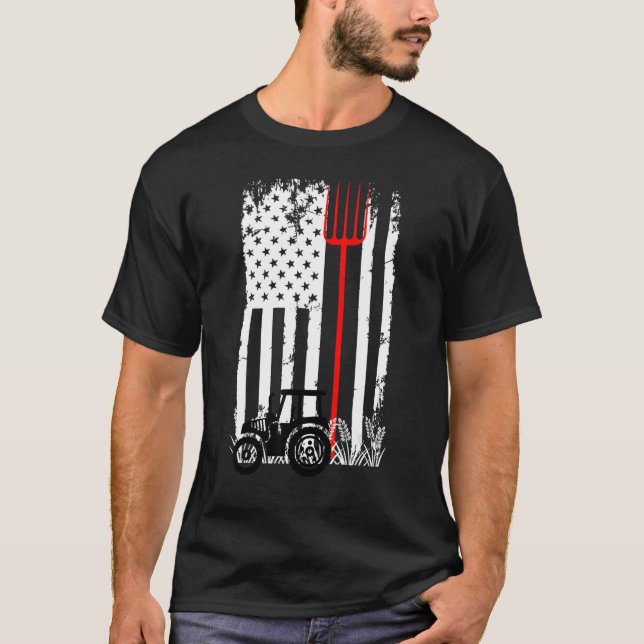 Retro American Flag Tractor Men Women Tractor Farm T-Shirt (Front)