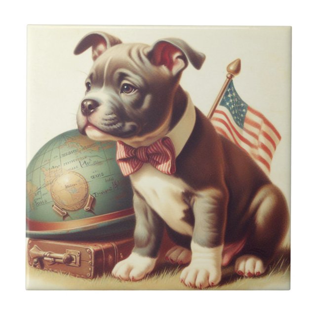 Retro American Pit Bull Terrier Painting Tile (Front)