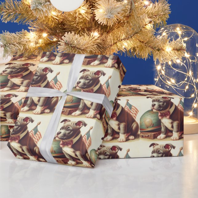 Retro American Pit Bull Terrier Painting Wrapping Paper (Holidays)