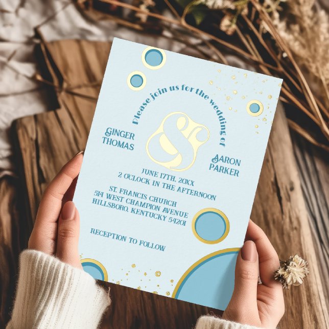Retro Ampersand Blue Circles Groovy Wedding Gold  (Creator Uploaded)