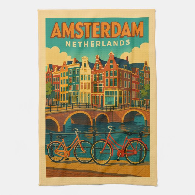 Retro Amsterdam Netherlands Tea Towel (Vertical)