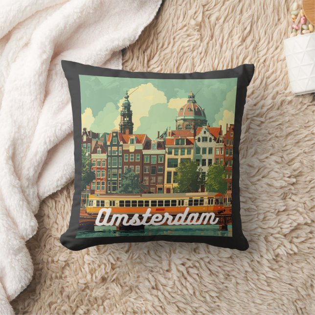 Retro Amsterdam Skyline  Cushion (Blanket)