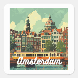 Retro Amsterdam Skyline Square Sticker