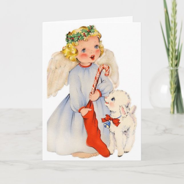 Retro Angel and Little Lamb Christmas Card (Front)